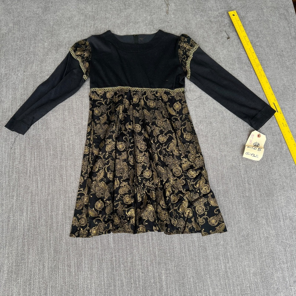 Girls Fit & Flare Dress 10 Black Gold Paisley Long Sleeve Back Zip Party Holiday